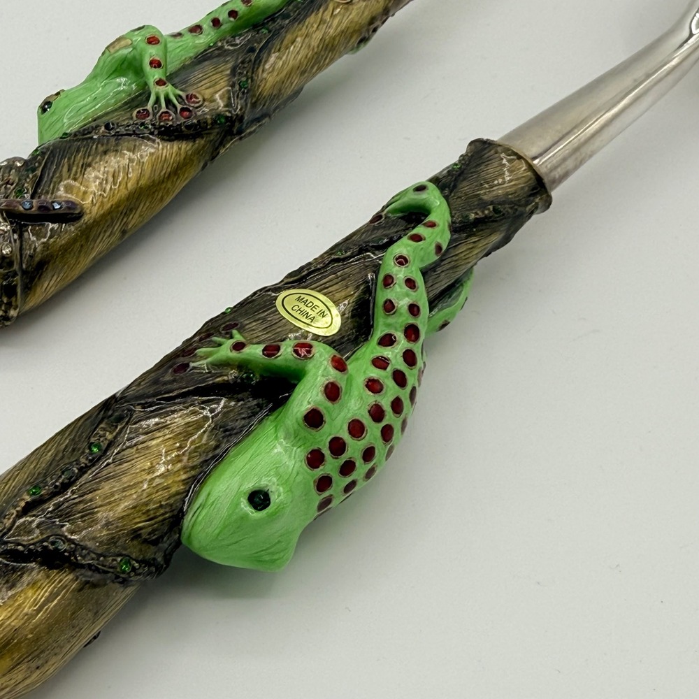 Vintage Frog & Dragonfly Salad Serving Set Resin Handles Silver Tone 11" - Picture 5 of 9